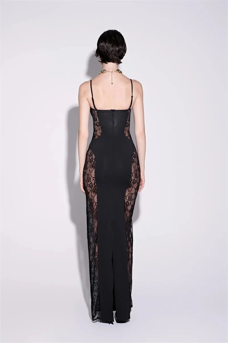 Black lace evening gown- back full view