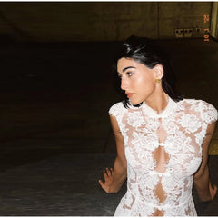 White Sleeveless Mock Neck Lace Long Slit Top And Pants Set