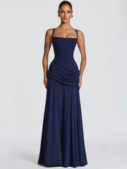 Square Neck Drape Waist Floor-Length Dress