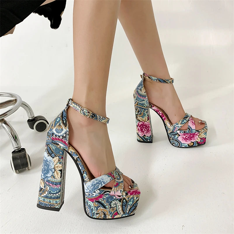 Close-up of floral print platform block heel sandals