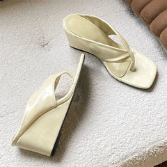Beige square toe wedge flip flops shown from above