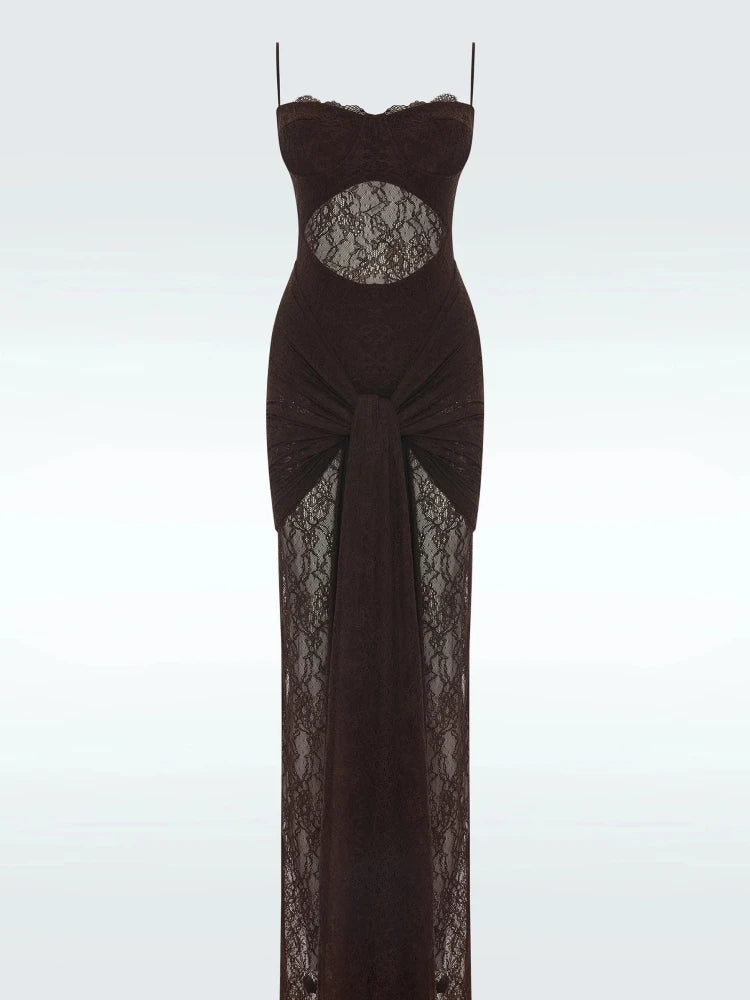 Long brown evening gown with lace detailing on a white background