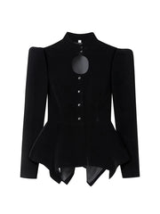 Velvet Peplum Jacket with Cutout Neckline and Puffed Sleeves