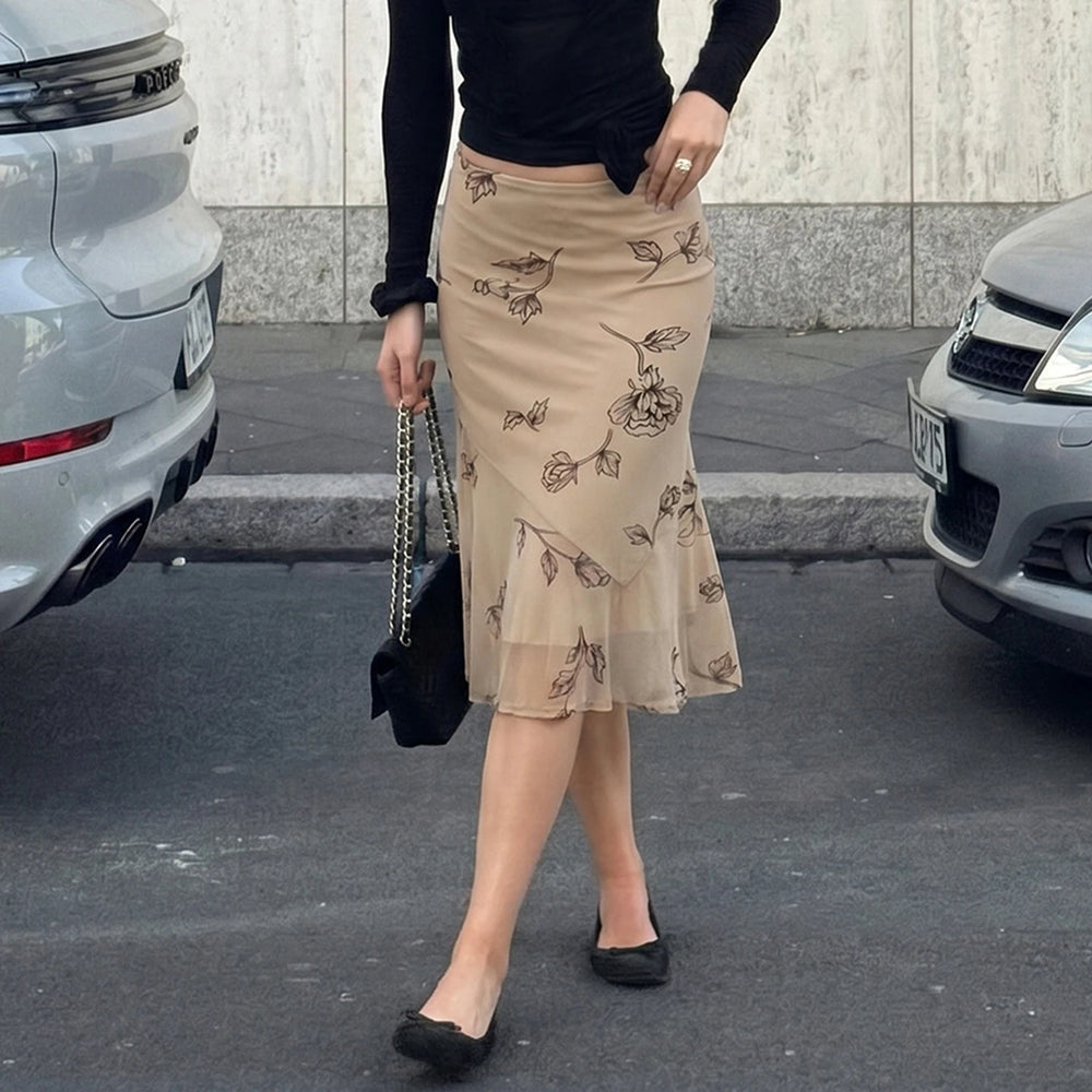 Floral print ruffle hem midi skirt