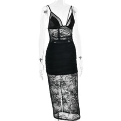 Black Sheer Lace Spaghetti Strap Maxi Dress