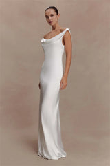 Off-Shoulder Cowl Neck Maxi Dress with Draped Front