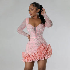 Mesh Sleeve Tierred Ruffles Rhinestone Pearls Mini Dress