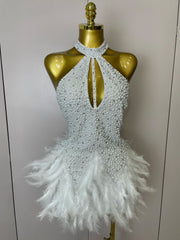 White beaded feather halter dress