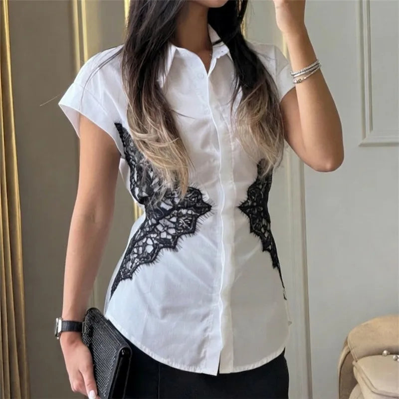 White button-down shirt with black lace panels from front