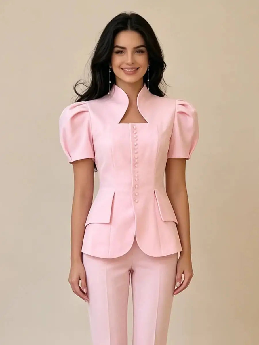 Puff sleeve stand collar blazer front detail