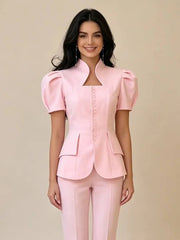 Puff sleeve stand collar blazer front detail
