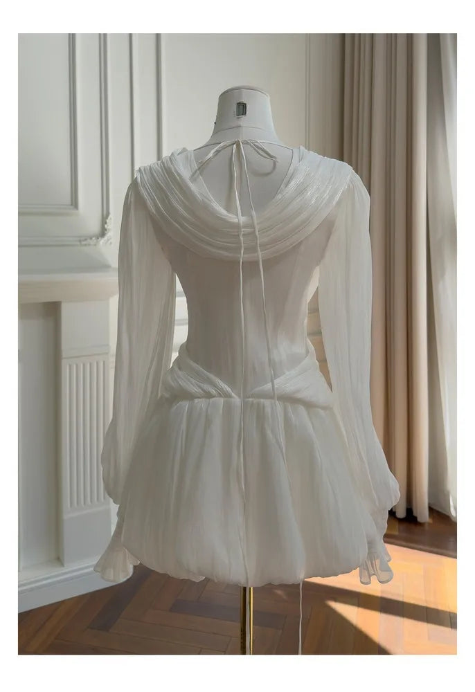 Pleated V-neck Mini Dress with wrap front and lantern sleeves