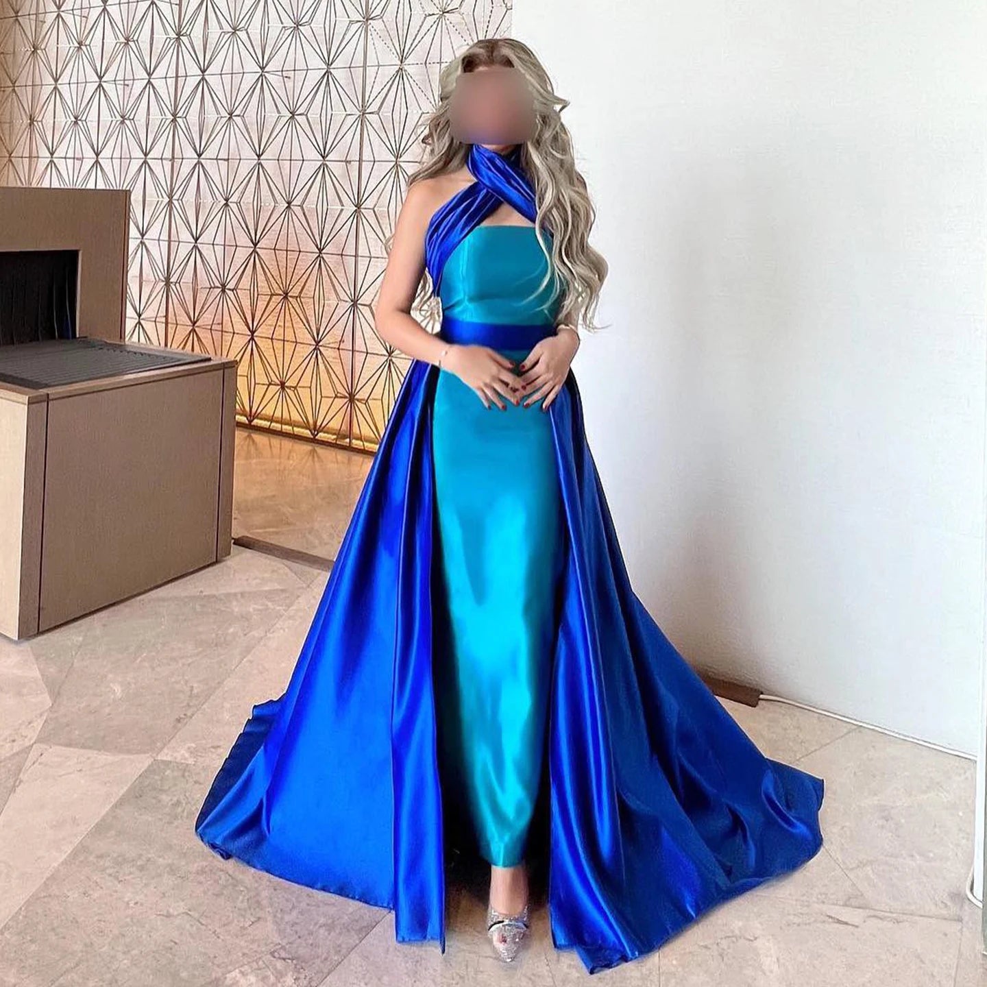 Royal Blue Contrast Turquoise Evening Dress with Overskirt Criss Cross Halter Women Wedding Party Dress  Golden Atelier 1