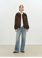 Beaded Brown Faux Fur Bomber Jacket
