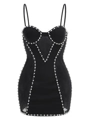 Black Bodycon Beaded Mesh Strap Mini Dress