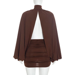 Ruched Shawl Sleeves Turtleneck Mini Dress