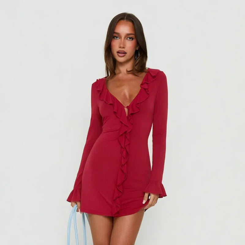 Red long sleeve ruffle V-neck mini dress