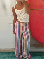 Striped wide leg trousers with a multicolor stripe pattern.
