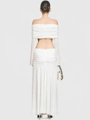 Off Shoulder Pleated Cropped Top With High Waist Midi Skirt Set