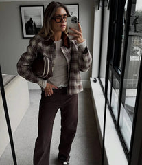 Plaid Turn-down Collar Long Sleeve Coat