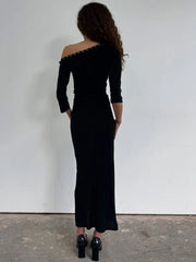 Diagonal Collar Ruched Bodycon Maxi Dress with Metallic Stud Detail