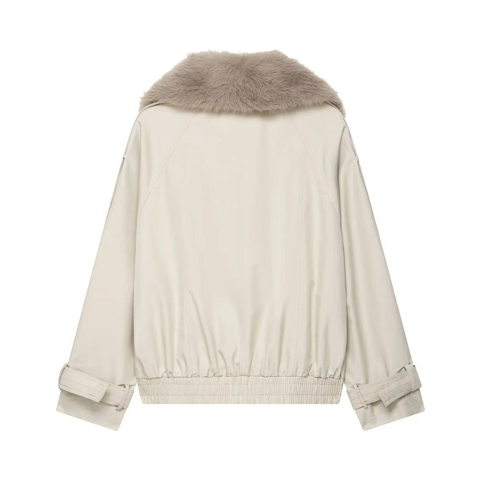 Beige jacket with fur collar on a white background
