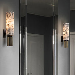 A pair of marble wall sconces adding a touch of elegance to a contemporary living room. C