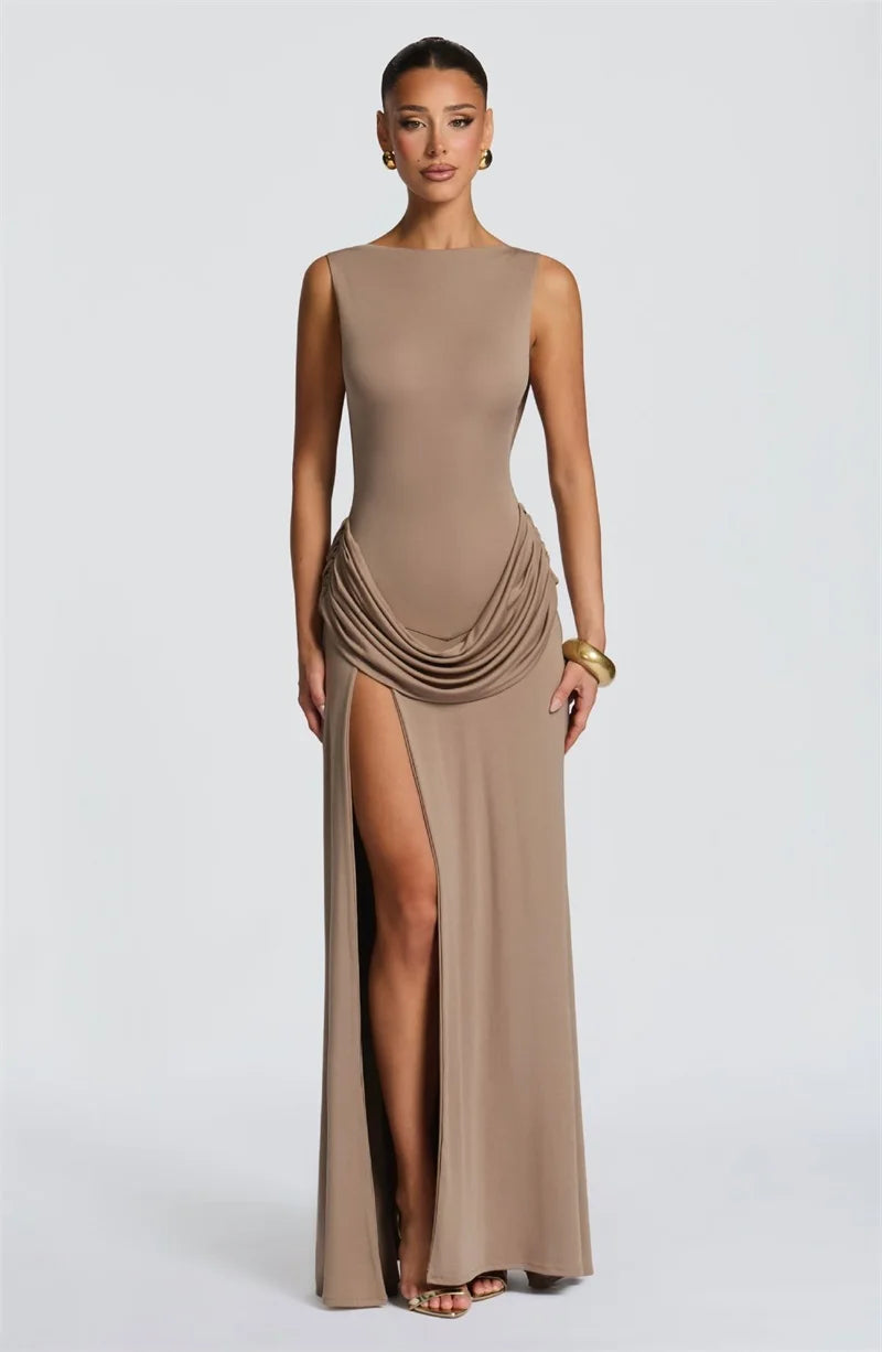 Sleeveless high slit column gown in khaki