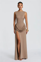 Sleeveless high slit column gown in khaki