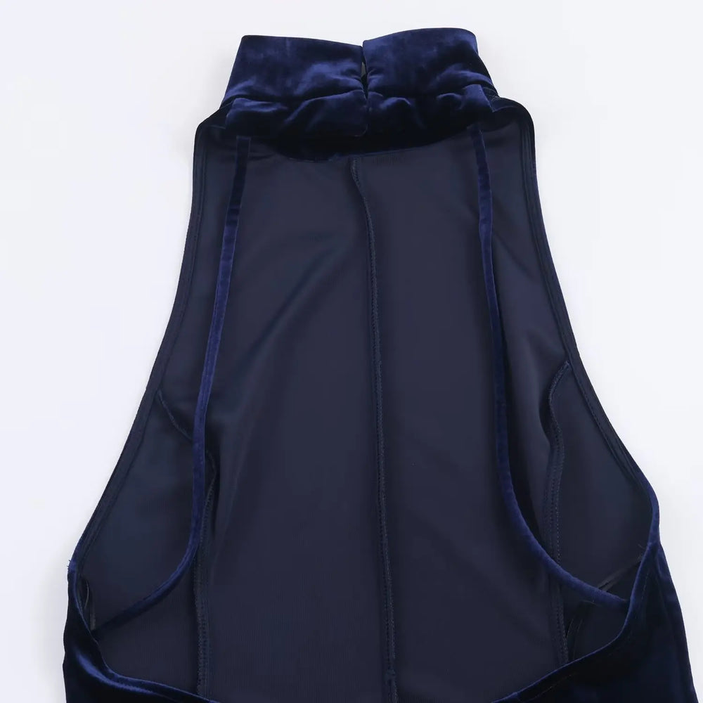 Navy blue sleeveless top with a bow detail on a white background