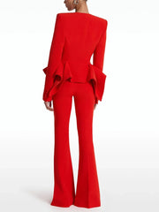 Red Peplum Blazer and Flare Trousers Set