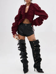 Red Ruched Drawstring Puff Sleeve Blouse