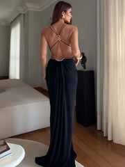 Halter Deep Neck Draped Cut Out Maxi Dress