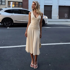 V-Neck Wrap Sleeveless Ruched Midi Dress