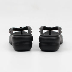 Back view of black platform thong sandals showing the thick platform sole.