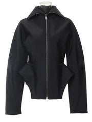 Black jacket with a unique design on a white background