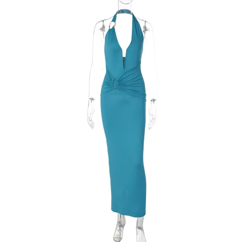 Teal halter neck dress on a mannequin against a white background