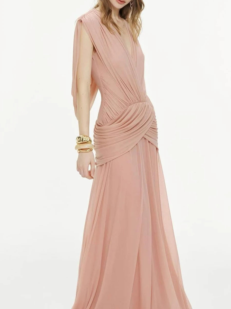 V-neck draped maxi dress in blush pink