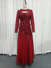 Red Long Sleeve Mesh Sequin 3D Flower Maxi Dress