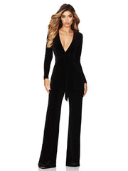 Black Velvet Elastic Deep V-belt Jumpsuit