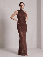 Brown Crystal Embellished Mock Neck Maxi Dress