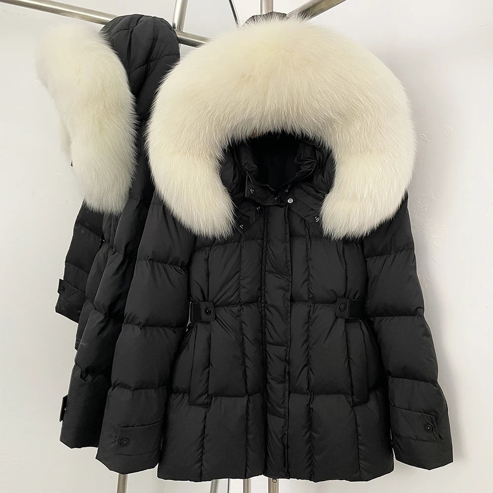 Black puffer jacket with large fur hood 