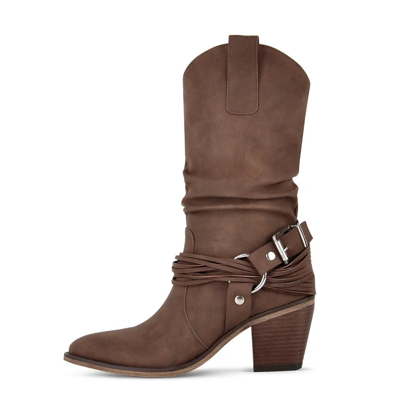 Faux suede western boot with pointed toe and block heel