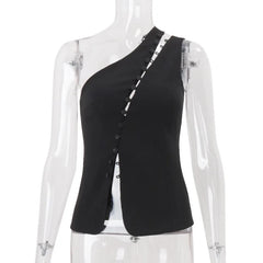 Black one-shoulder top on a transparent mannequin against a white background