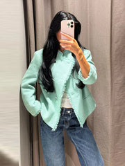 Textured Cropped Fringed Collar Jacket
