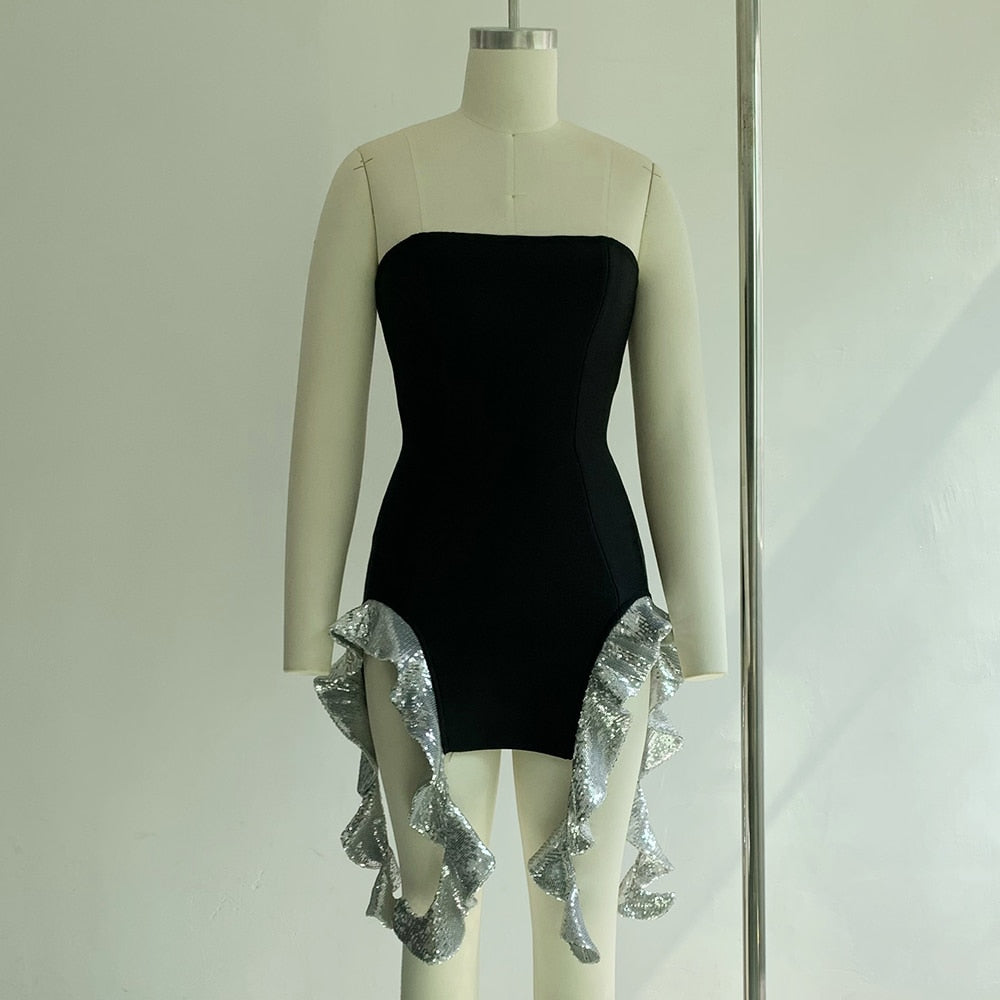 Women's Strapless Irregular Ruffled Sequins Mini Bandage Dress