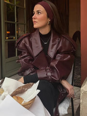 Woman wearing a Braid Lapel Cropped Leather Jacket