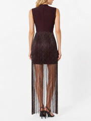 Mock Neck Fringe Maxi Dress