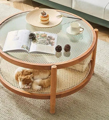 Solid Wood Double Cane Small Round Tea Table