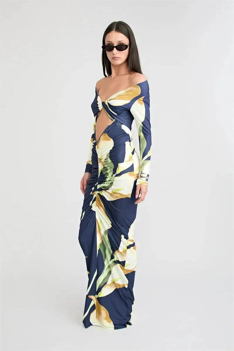Cut-out floral print off-shoulder maxi dress on a white background